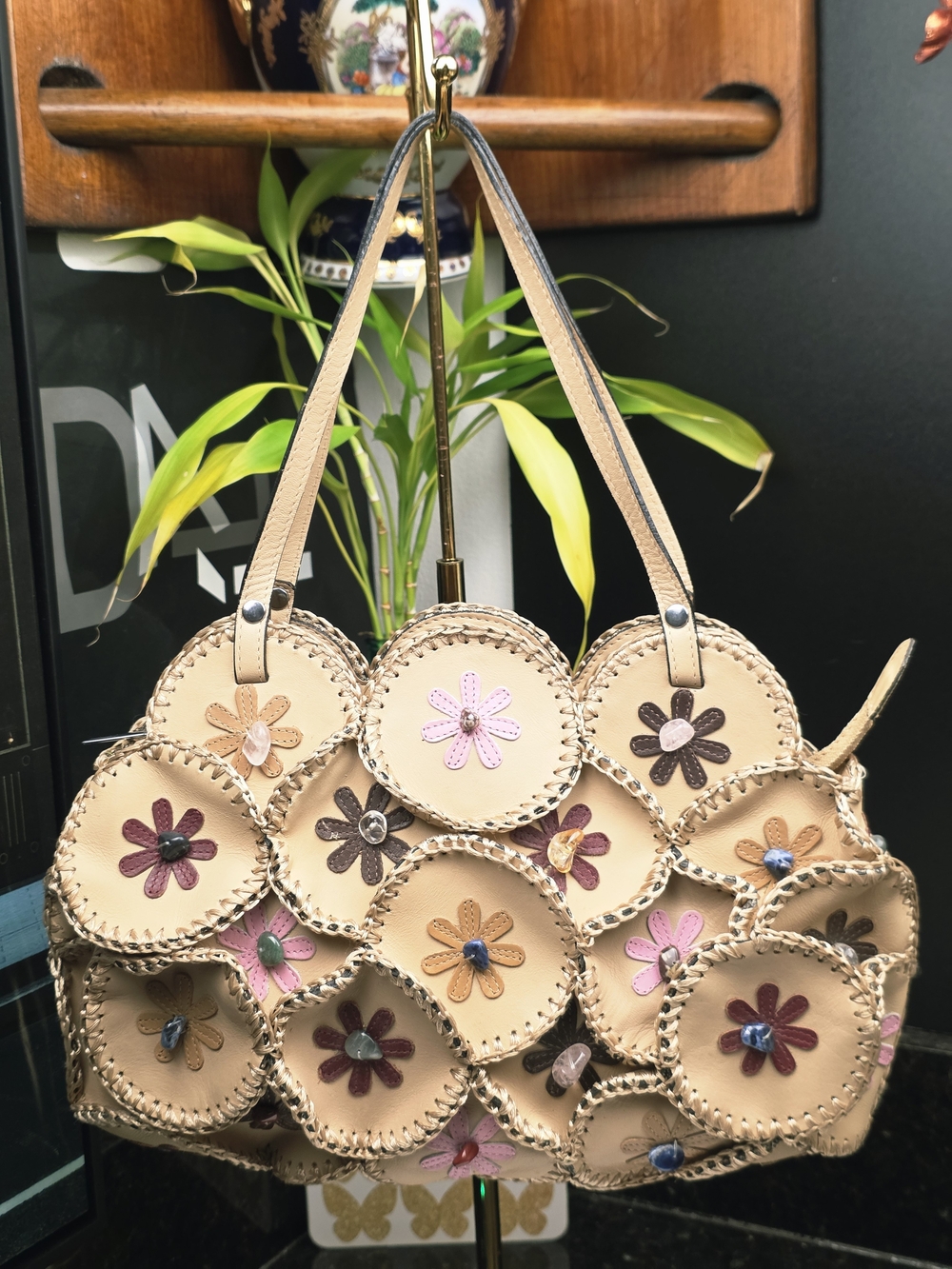 Handcrafted Beige Floral Appliqué Leather Shoulder Bag